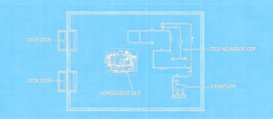 Schematic plant layout showing a homogenizer cell with cooling and CIP, not a real street map