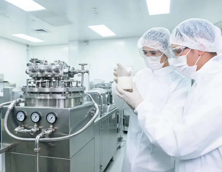 High-pressure homogenizer skid in a dairy process hall with operators checking gauges